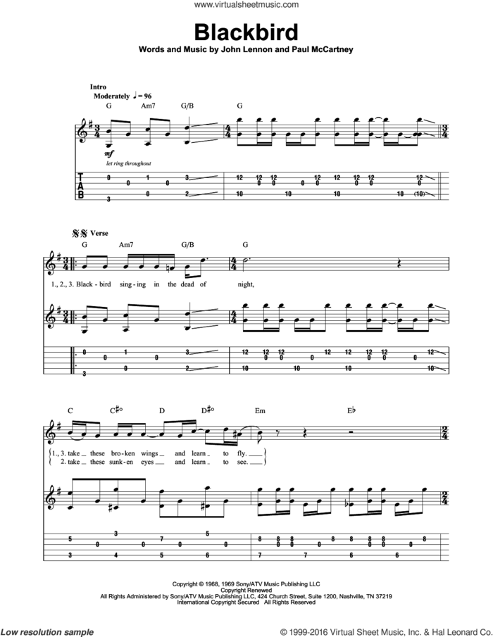 Blackbird sheet music for guitar (tablature, play-along) by The Beatles, John Lennon and Paul McCartney, intermediate skill level