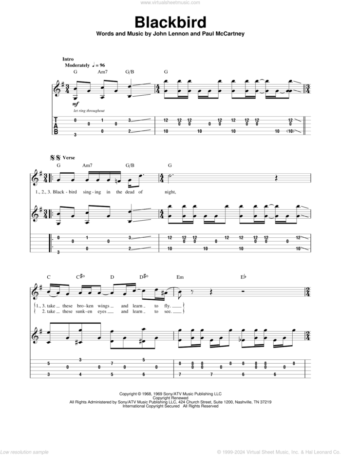 Blackbird sheet music for guitar (tablature, play-along) by The Beatles, John Lennon and Paul McCartney, intermediate skill level