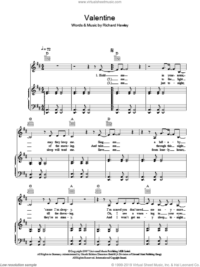Valentine sheet music for voice, piano or guitar by Richard Hawley, intermediate skill level