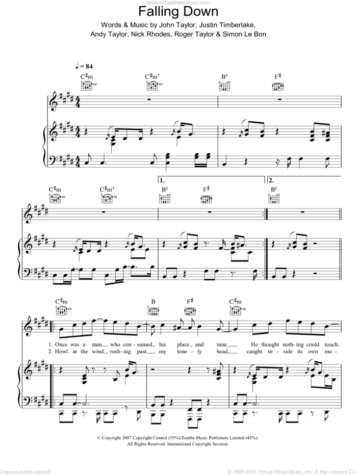 Falling Down sheet music for voice, piano or guitar by Duran Duran, Andrew Taylor, John Taylor, Justin Timberlake, Nick Rhodes, Roger Taylor and Simon LeBon, intermediate skill level