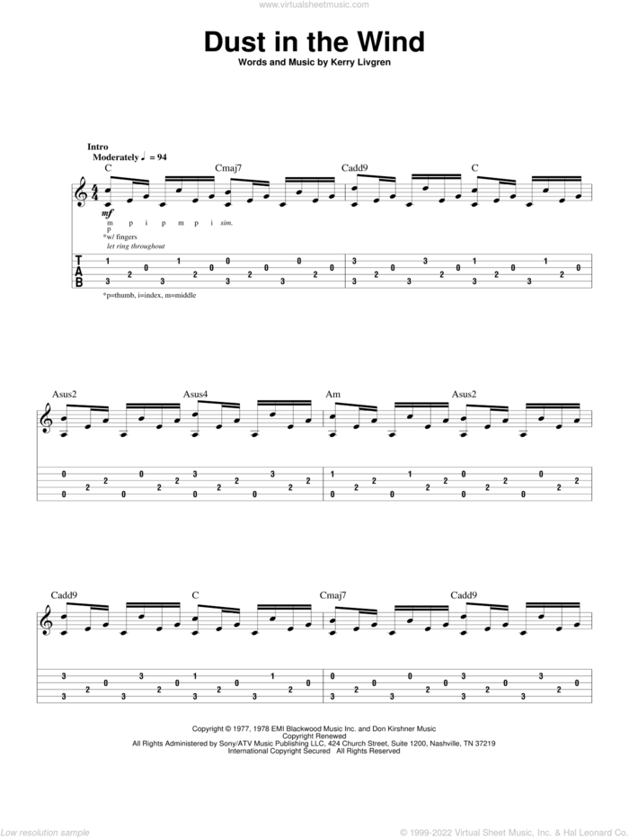 Dust In The Wind sheet music for guitar (tablature, play-along) by Kansas and Kerry Livgren, intermediate skill level