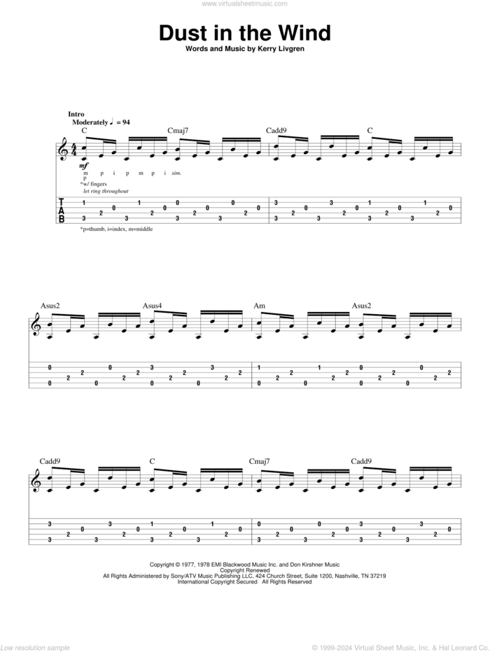 Dust In The Wind sheet music for guitar (tablature, play-along) by Kansas and Kerry Livgren, intermediate skill level