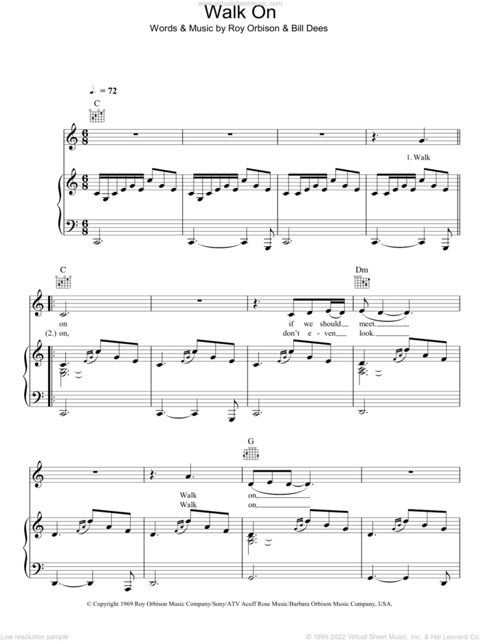 Walk On sheet music for voice, piano or guitar by Roy Orbison and Bill Dees, intermediate skill level