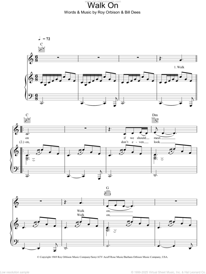 Walk On sheet music for voice, piano or guitar by Roy Orbison and Bill Dees, intermediate skill level