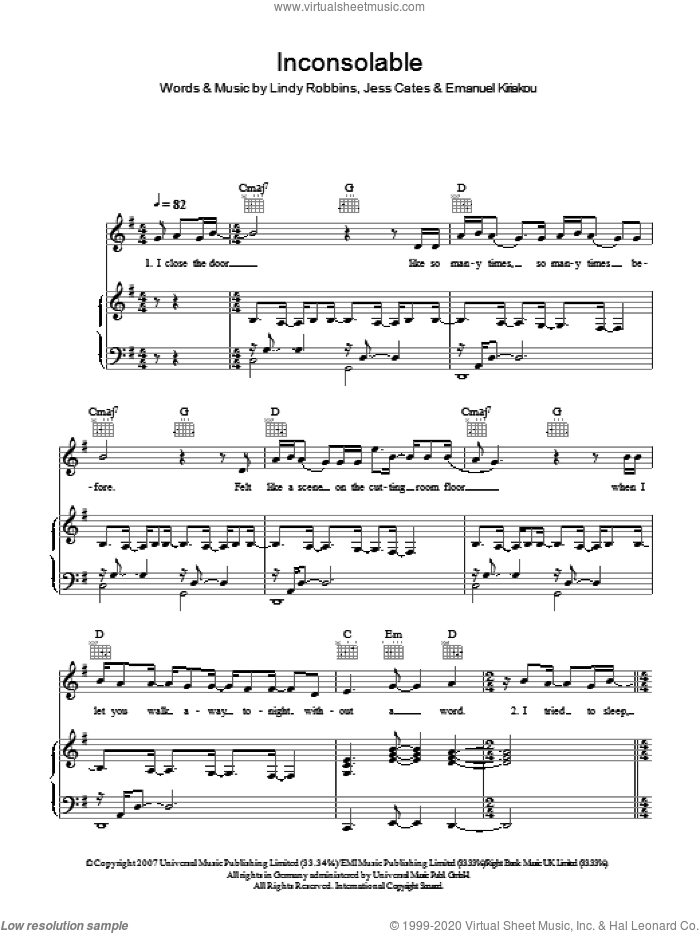 Inconsolable sheet music for voice, piano or guitar by Backstreet Boys, Emanuel Kiriakou, Jess Cates and Lindy Robbins, intermediate skill level