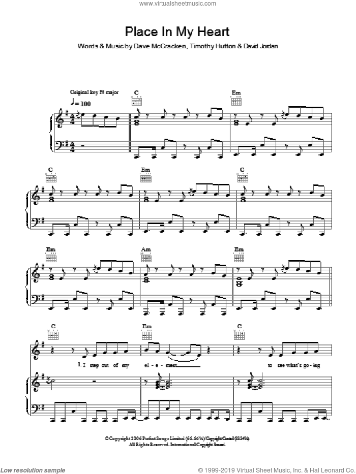 Place In My Heart sheet music for voice, piano or guitar by David Jordan, Dave McCracken and Timothy Hutton, intermediate skill level