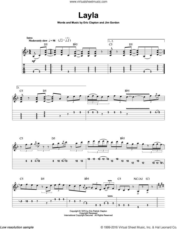 Layla sheet music for guitar (tablature, play-along) by Eric Clapton, Derek And The Dominos and Jim Gordon, intermediate skill level