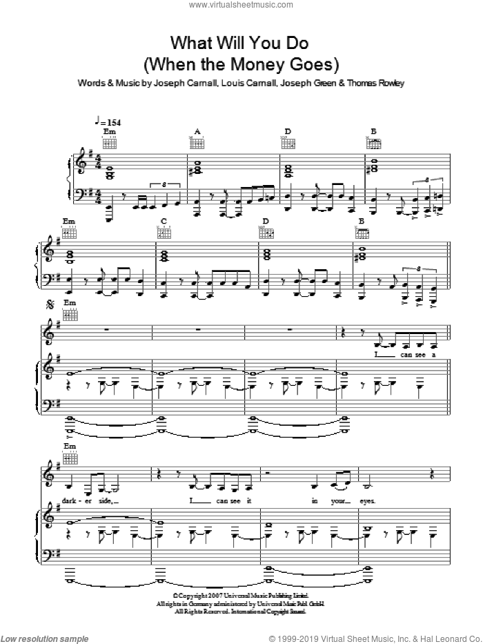 What Will You Do (When The Money Goes) sheet music for voice, piano or guitar by Milburn, Joseph Carnall, Joseph Green, Louis Carnall and Thomas Rowley, intermediate skill level