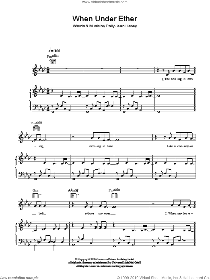 When Under Ether sheet music for voice, piano or guitar by Polly Jean Harvey and P J Harvey, intermediate skill level