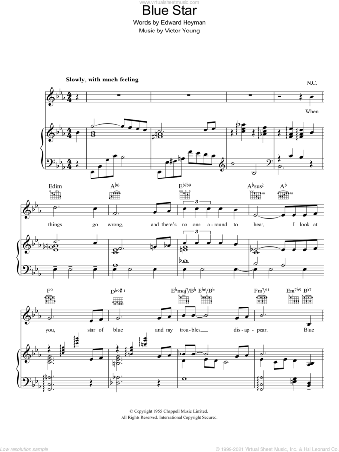 Blue Star (The Medic Theme) sheet music for voice, piano or guitar by Felicia Sanders, Victor Young and Edward Heyman, intermediate skill level
