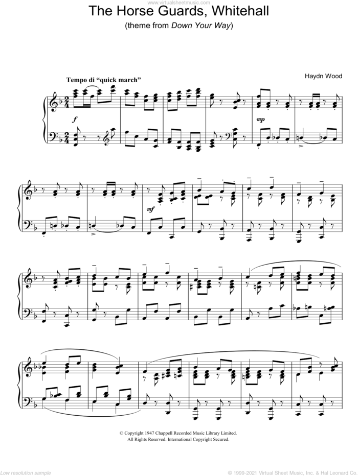 The Horseguards, Whitehall (theme from Down Your Way) sheet music for piano solo by Haydn Wood, intermediate skill level