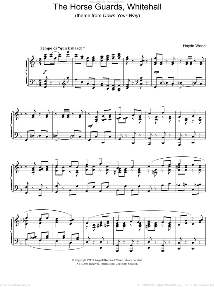 The Horseguards, Whitehall (theme from Down Your Way) sheet music for piano solo by Haydn Wood, intermediate skill level