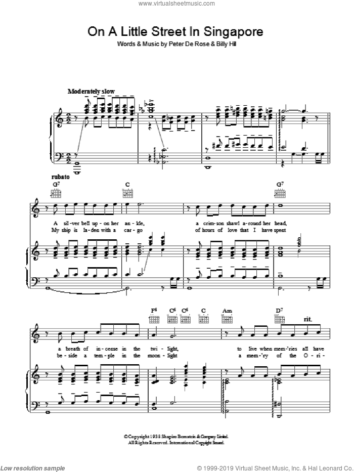 On A Little Street In Singapore sheet music for voice, piano or guitar by Frank Sinatra, Peter DeRose and Billy Hill, intermediate skill level