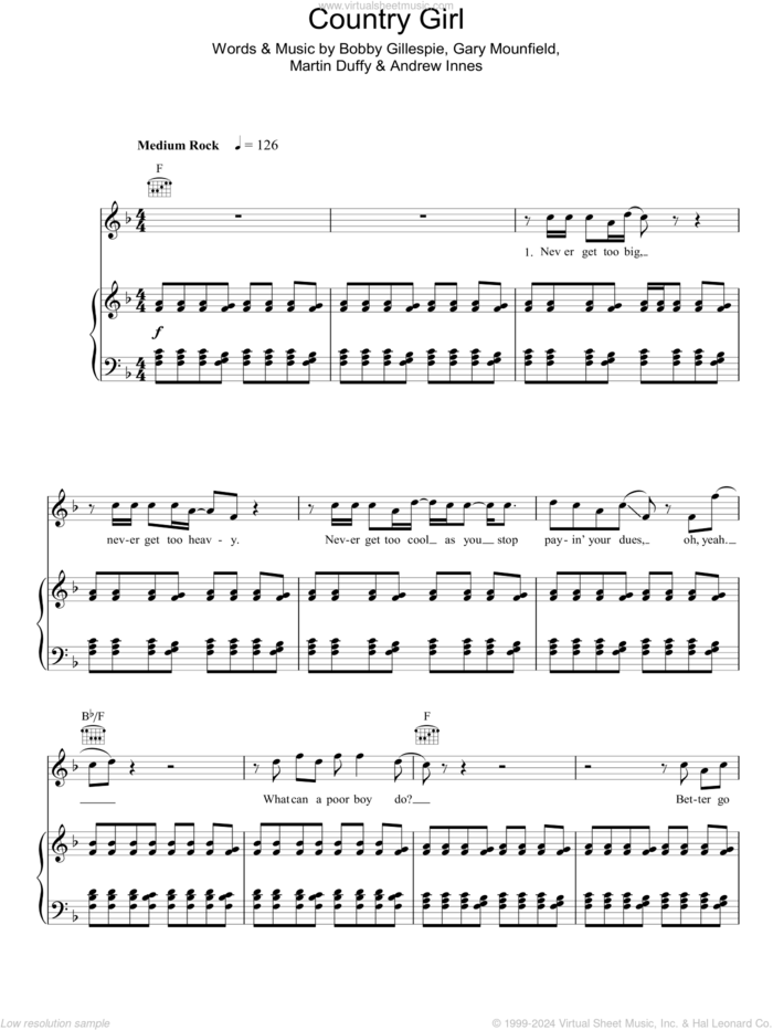 Country Girl sheet music for voice, piano or guitar by Primal Scream, Andrew Innes, Bobby Gillespie, Gary Mounfield and Martin Duffy, intermediate skill level