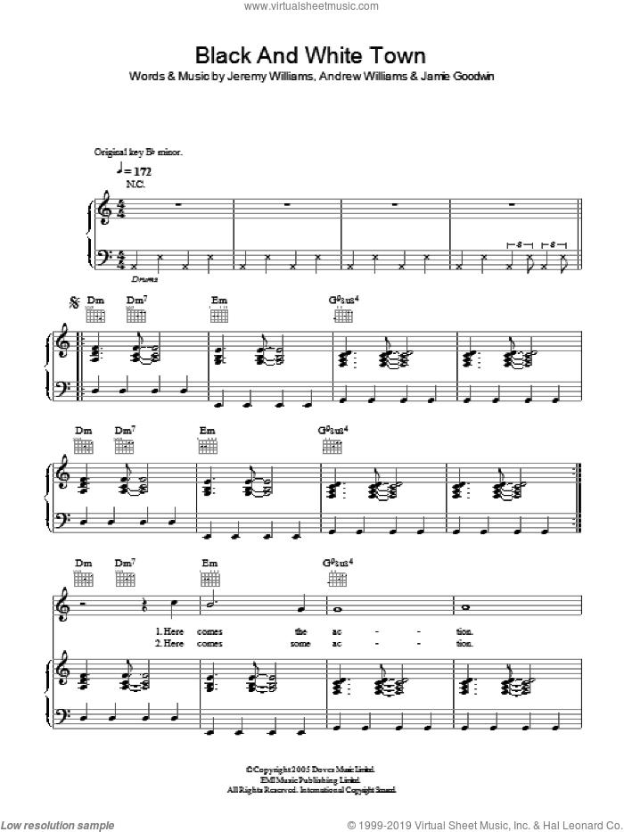 Black And White Town sheet music for voice, piano or guitar by Doves, Andrew Williams, Jamie Goodwin and Jeremy Williams, intermediate skill level
