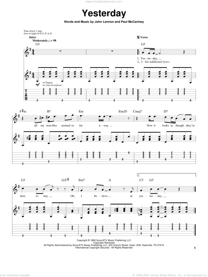Yesterday sheet music for guitar (tablature, play-along) by The Beatles, John Lennon and Paul McCartney, intermediate skill level