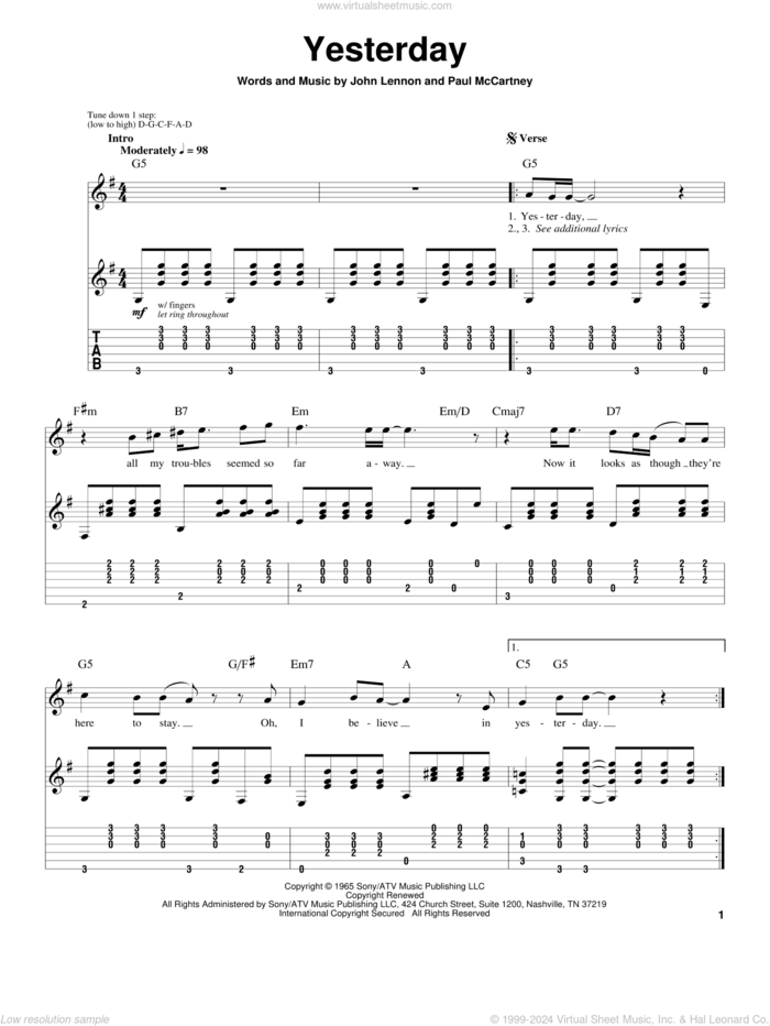 Yesterday sheet music for guitar (tablature, play-along) by The Beatles, John Lennon and Paul McCartney, intermediate skill level