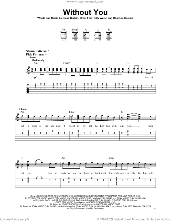 Without You sheet music for guitar solo (easy tablature) by The Kid LAROI, Billy Walsh, Blake Slatkin, Charlton Howard and Omer Fedi, easy guitar (easy tablature)