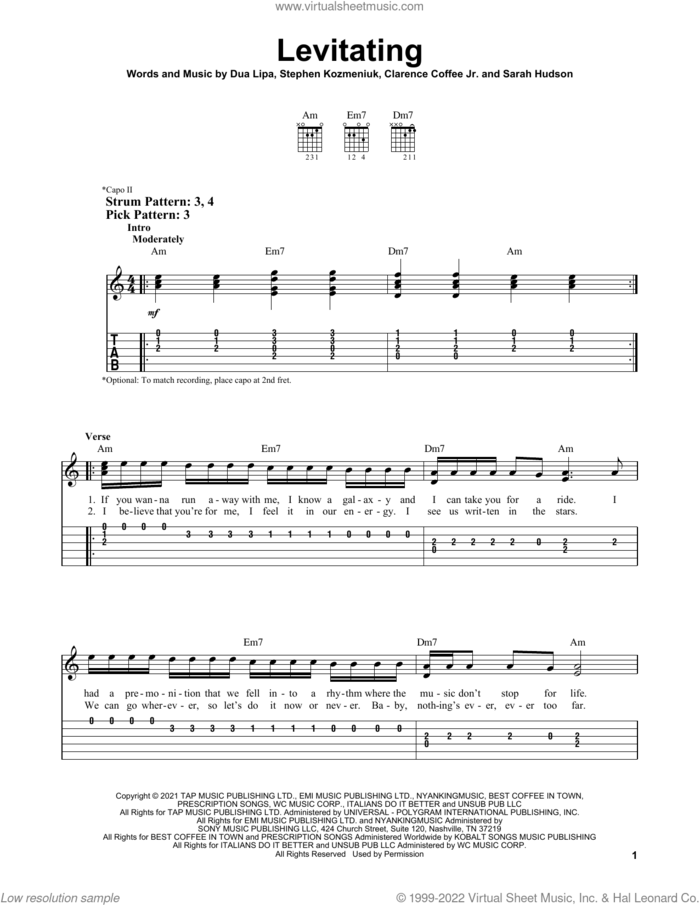 Levitating sheet music for guitar solo (easy tablature) by Dua Lipa, Clarence Coffee Jr., Sarah Hudson and Stephen Kozmeniuk, easy guitar (easy tablature)