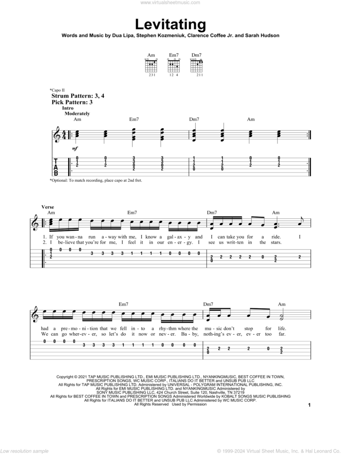 Levitating sheet music for guitar solo (easy tablature) by Dua Lipa, Clarence Coffee Jr., Sarah Hudson and Stephen Kozmeniuk, easy guitar (easy tablature)