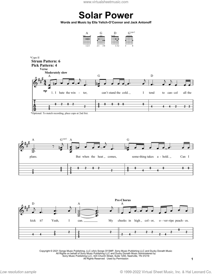 Solar Power sheet music for guitar solo (easy tablature) by Lorde and Jack Antonoff, easy guitar (easy tablature)