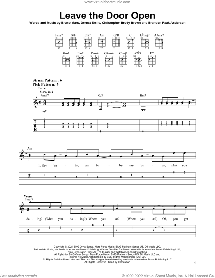 Leave The Door Open sheet music for guitar solo (easy tablature) by Silk Sonic, Bruno Mars, Anderson .Paak, Chris 'Brody' Brown and Dernst Emile, easy guitar (easy tablature)