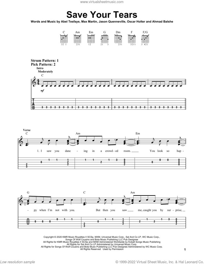 Save Your Tears sheet music for guitar solo (easy tablature) by The Weeknd, Abel Tesfaye, Ahmad Balshe, Jason Quenneville, Max Martin and Oscar Holter, easy guitar (easy tablature)