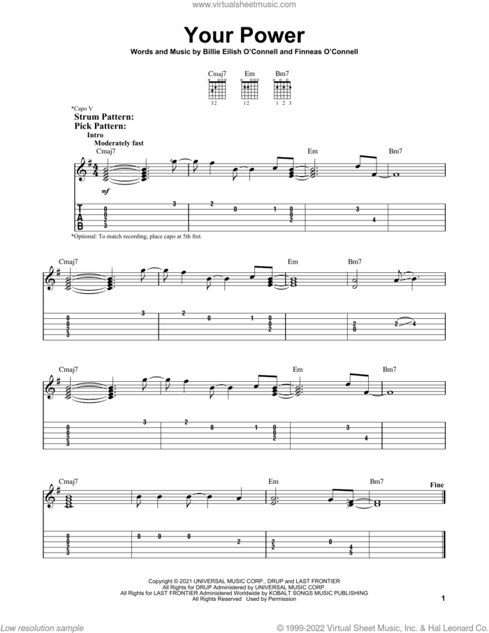 Your Power sheet music for guitar solo (easy tablature) by Billie Eilish, easy guitar (easy tablature)