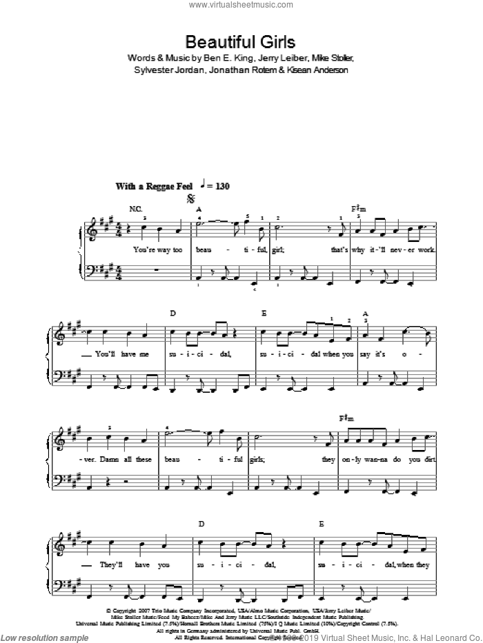 Beautiful Girls sheet music for piano solo by Sean Kingston, Ben E. King, Jerry Leiber, Jonathan Rotem, Kisean Anderson, Mike Stoller and Sylvester Jordan, easy skill level