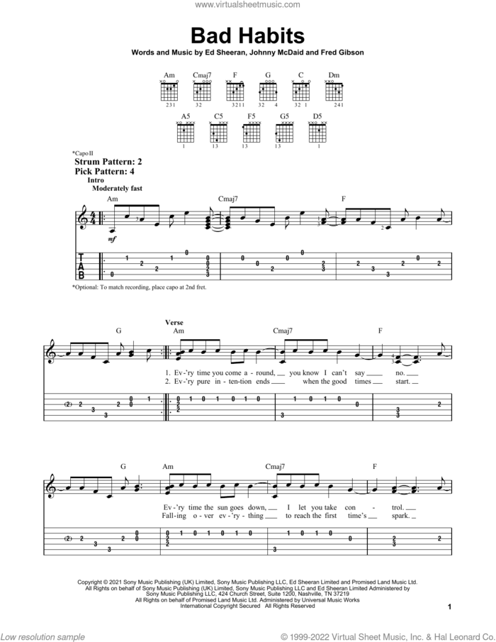 Bad Habits sheet music for guitar solo (easy tablature) by Ed Sheeran, Fred Gibson and Johnny McDaid, easy guitar (easy tablature)