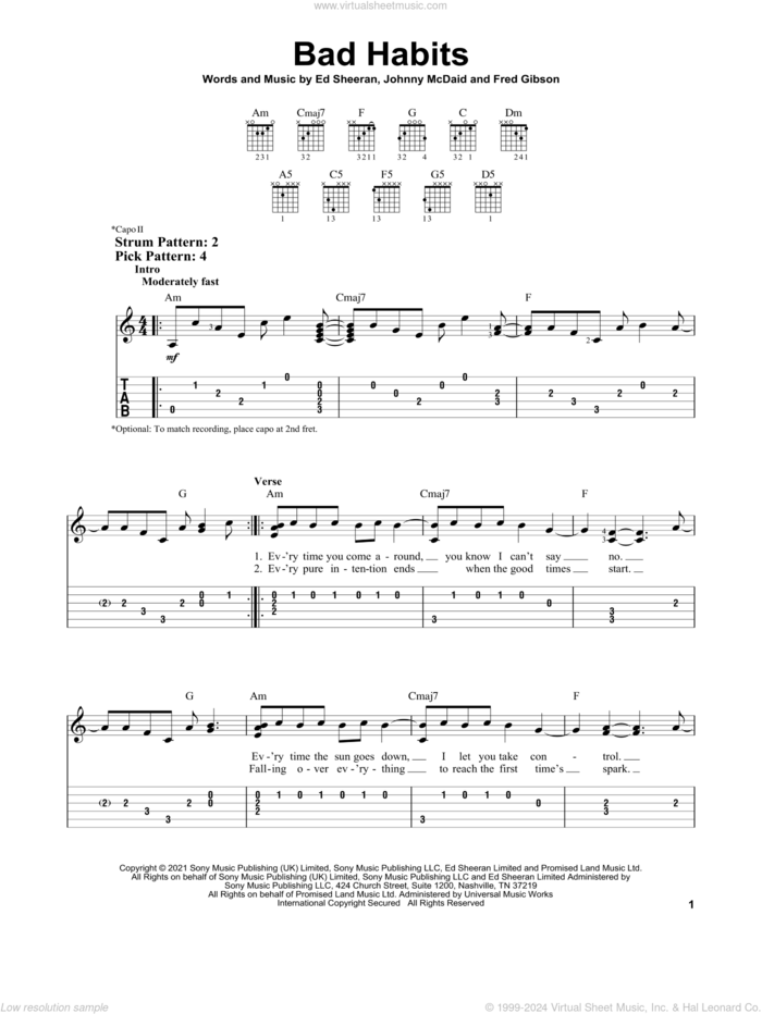 Bad Habits sheet music for guitar solo (easy tablature) by Ed Sheeran, Fred Gibson and Johnny McDaid, easy guitar (easy tablature)