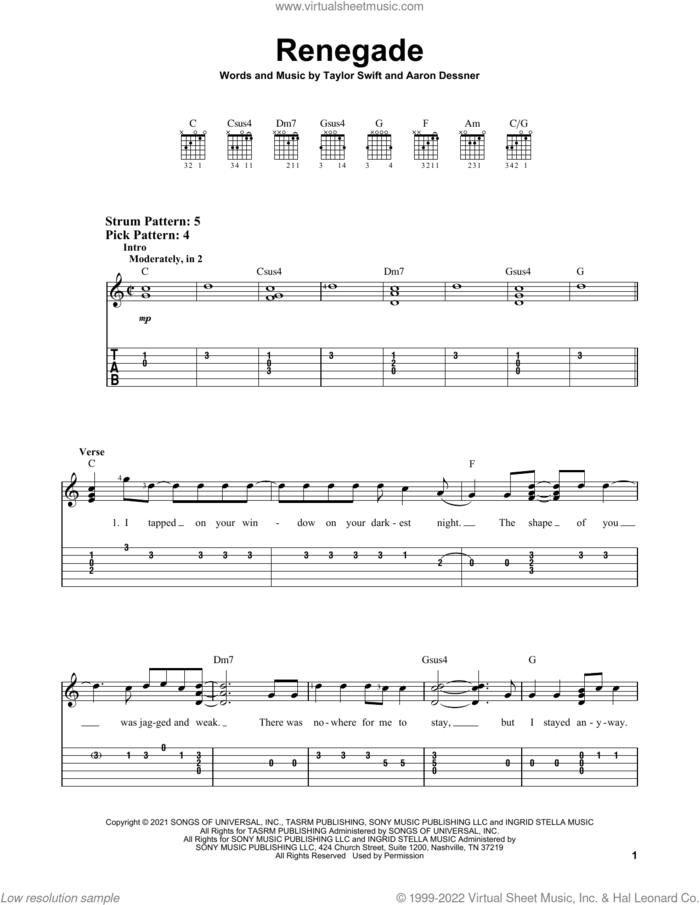 Renegade (feat. Taylor Swift) sheet music for guitar solo (easy tablature) by Big Red Machine, Aaron Dessner and Taylor Swift, easy guitar (easy tablature)
