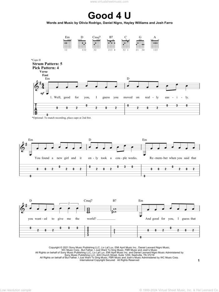 good 4 u sheet music for guitar solo (easy tablature) by Olivia Rodrigo, Daniel Nigro, Hayley Williams and Josh Farro, easy guitar (easy tablature)