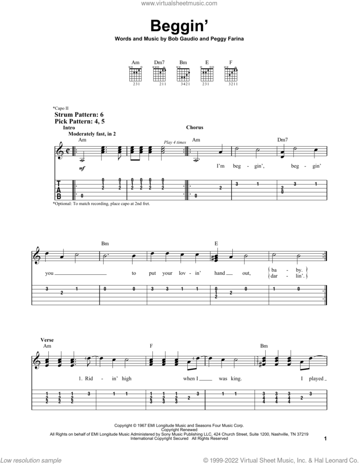 Beggin' sheet music for guitar solo (easy tablature) by Maneskin, Madcon, The Four Seasons, Bob Gaudio and Peggy Farina, easy guitar (easy tablature)