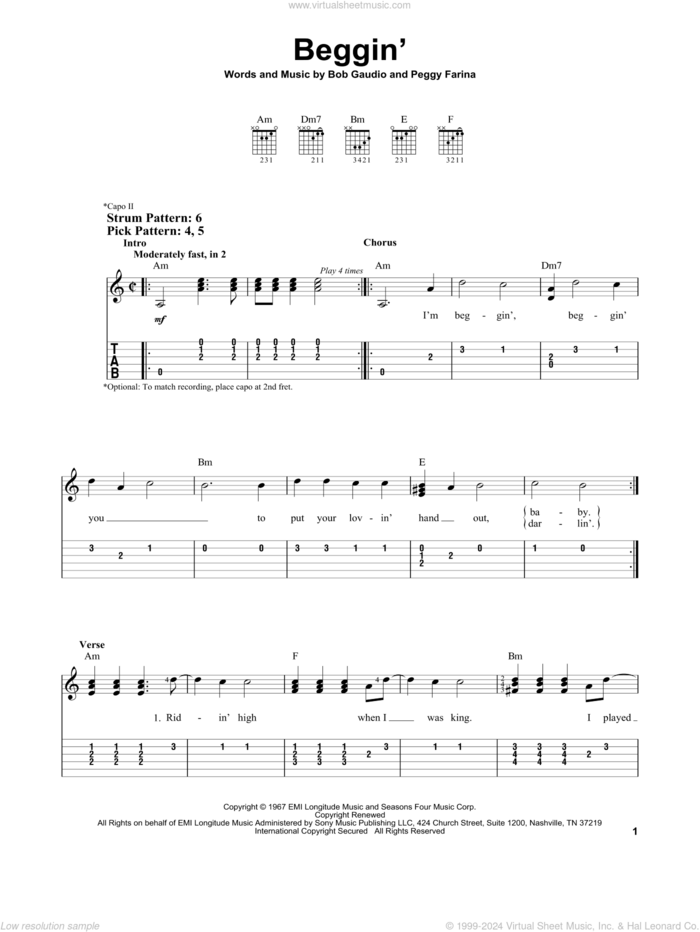 Beggin' sheet music for guitar solo (easy tablature) by Maneskin, Madcon, The Four Seasons, Bob Gaudio and Peggy Farina, easy guitar (easy tablature)