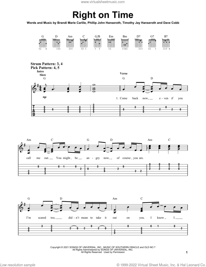Right On Time sheet music for guitar solo (easy tablature) by Brandi Carlile, Brandi Marie Carlile, Dave Cobb, Phillip John Hanseroth and Timothy Jay Hanseroth, easy guitar (easy tablature)