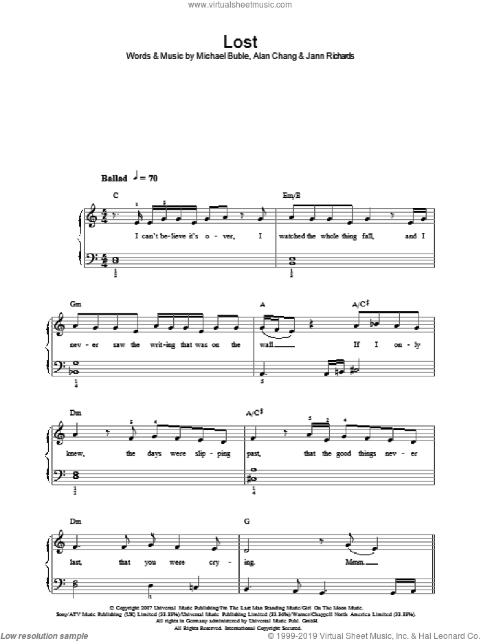 Lost sheet music for piano solo by Michael Buble, Alan Chang and Jann Richards, easy skill level