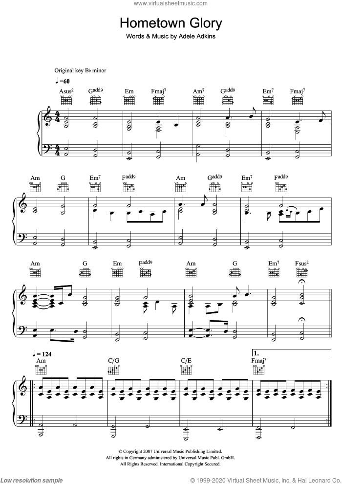Hometown Glory sheet music for voice, piano or guitar by Adele and Adele Adkins, intermediate skill level