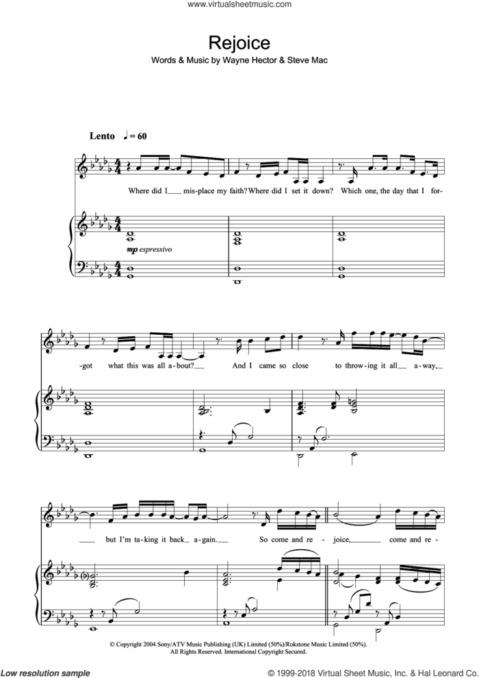 Rejoice sheet music for voice, piano or guitar by Katherine Jenkins, Steve Mac and Wayne Hector, classical score, intermediate skill level
