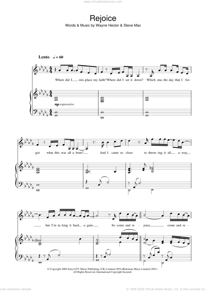 Rejoice sheet music for voice, piano or guitar by Katherine Jenkins, Steve Mac and Wayne Hector, classical score, intermediate skill level