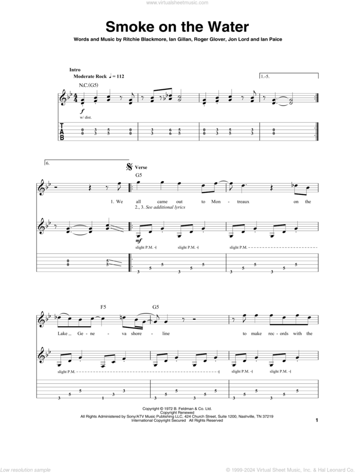 Smoke On The Water sheet music for guitar (tablature, play-along) by Deep Purple, Ian Gillan, Ian Paice, Jon Lord, Ritchie Blackmore and Roger Glover, intermediate skill level