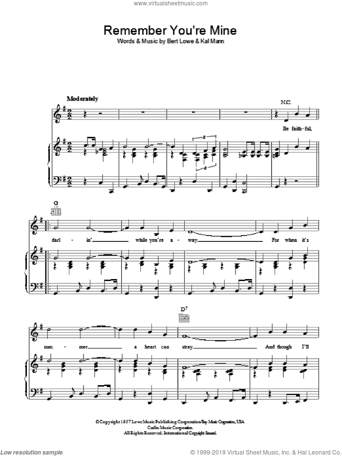 Remember You're Mine sheet music for voice, piano or guitar by Bert Lowe and Kal Mann, intermediate skill level