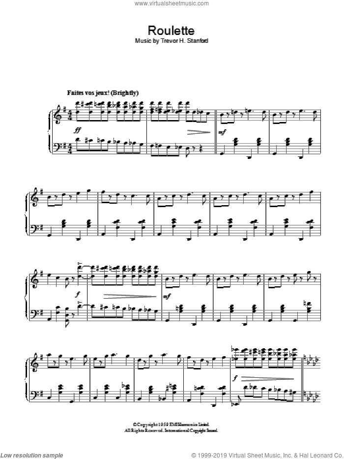 Roulette sheet music for piano solo by Trevor H. Stanford, intermediate skill level