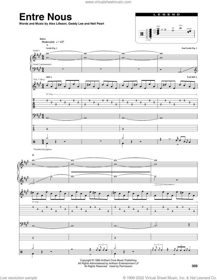 Entre Nous sheet music for chamber ensemble (Transcribed Score) by Rush, Alex Lifeson, Geddy Lee and Neil Peart, intermediate skill level