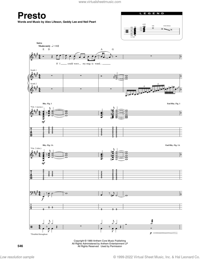 Presto sheet music for chamber ensemble (Transcribed Score) by Rush, Alex Lifeson, Geddy Lee and Neil Peart, intermediate skill level