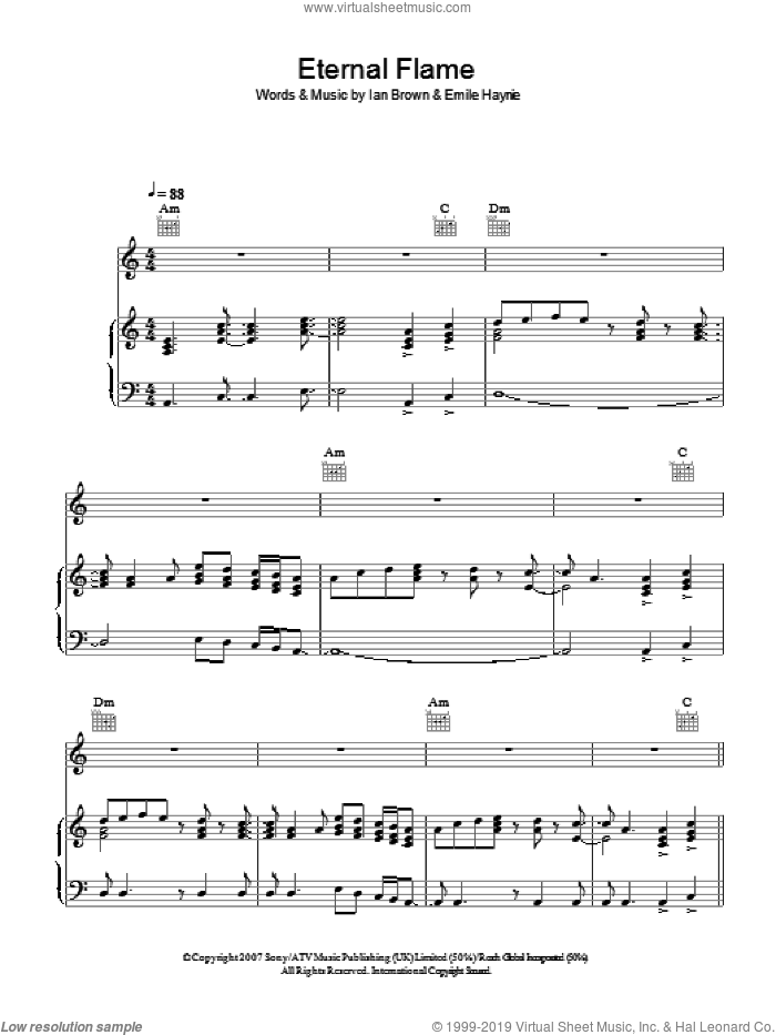 Eternal Flame sheet music for voice, piano or guitar by Ian Brown and Emile Haynie, intermediate skill level