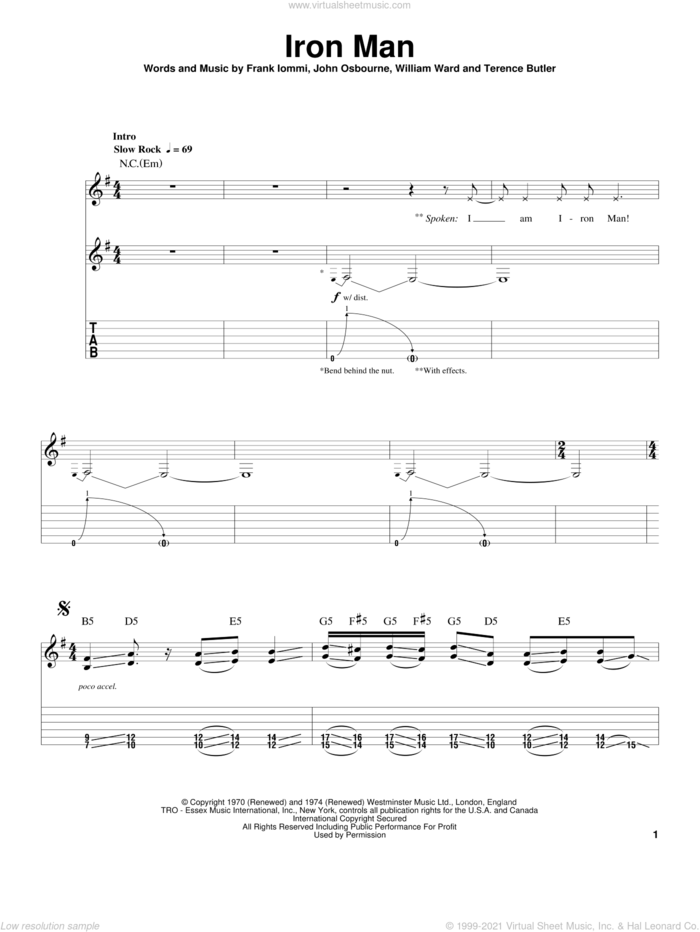 Iron Man sheet music for guitar (tablature, play-along) by Black Sabbath, Ozzy Osbourne, Frank Iommi, John Osbourne and William Ward, intermediate skill level