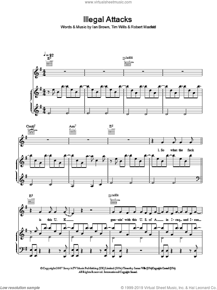 Illegal Attacks sheet music for voice, piano or guitar by Ian Brown, Robert Maxfield and Tim Wills, intermediate skill level
