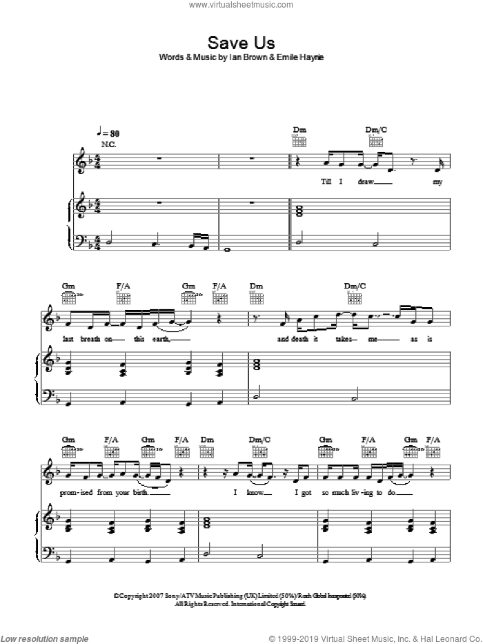 Save Us sheet music for voice, piano or guitar by Ian Brown and Emile Haynie, intermediate skill level