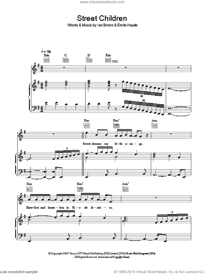 Street Children sheet music for voice, piano or guitar by Ian Brown and Emile Haynie, intermediate skill level